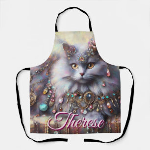 Tablier Chat Gris aux Cheveux Longs avec Bijoux Pierres Pr