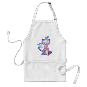 Tablier Chat mignon blanc violet avec oiseaux
