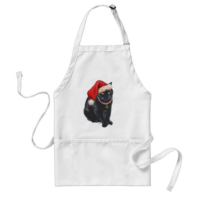 Tablier Chat noir avec chapeau de Père Noël (Devant)