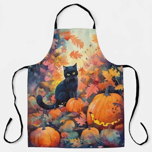 Tablier Chat noir d'Halloween avec la peur Citrouille (Recto)