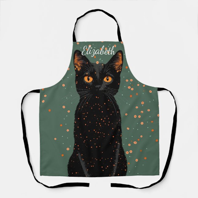 Tablier Chat noir mystique avec yeux orange et Parties sci (Recto)