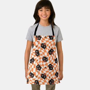 Tablier Chat noir rétro Motif chèque orange