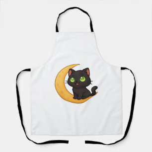 Tablier Chat noir souriant aux yeux verts brillants assis