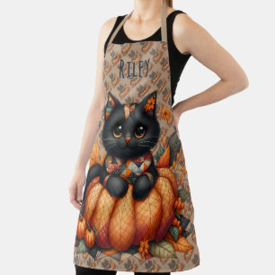 Tablier Chat noir sur Citrouille avec Motif de courtepoint