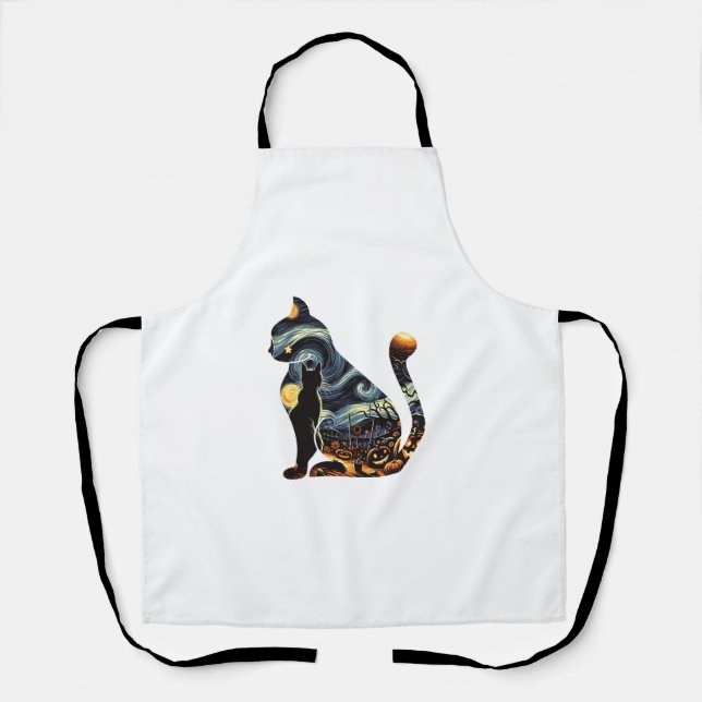 Tablier Chat Silhouette Halloween Van Gogh Starry Night Bl (Recto)