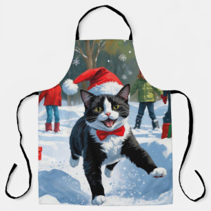 Tablier Chat Tuxedo Courant dans la Neige avec un Chapeau 
