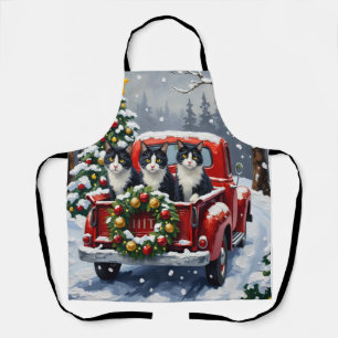 Tablier Chat Tuxedo Noël Camion Rouge Fêtes