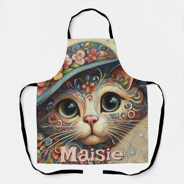 Tablier Chat Whimsical avec un Casquette Floral Personnali (Recto)