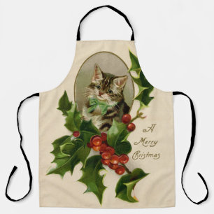 Tablier Chaton de Noël victorien au houx antique tabby