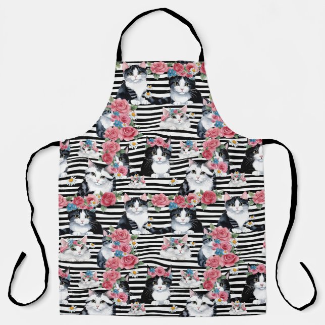 Tablier Chats adorables Roses roses et rayures noires (Recto)