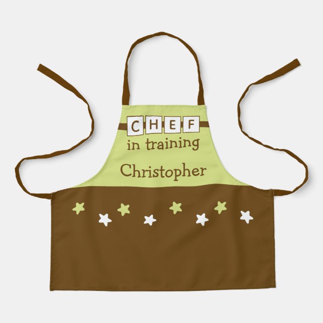 Tablier Chef Kid nom étoiles vert marron (Recto)