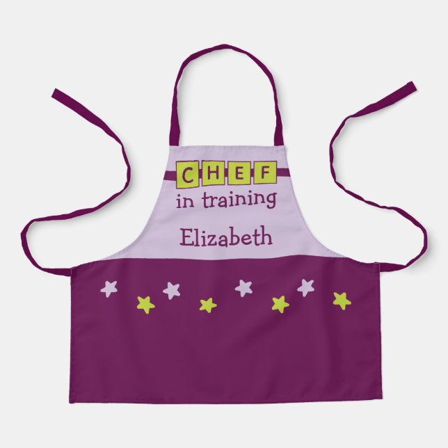 Tablier Chef Kid nom étoiles violet vert (Recto)