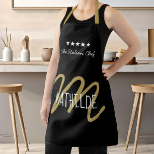 Tablier Chef Monogram Black Gold Modern Typographie Nom