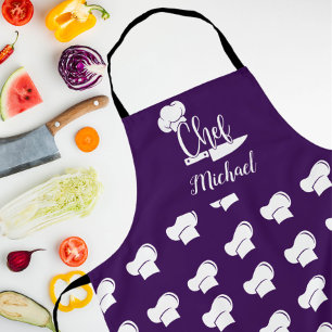 Tablier Chef personnalisé avec nom Purple & White Chef Cas