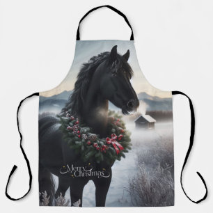 Tablier Cheval noir dans la neige avec couronne de Noël