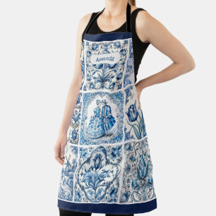 Tablier Chic Bleu cadre blanc toile de jouy monogramme