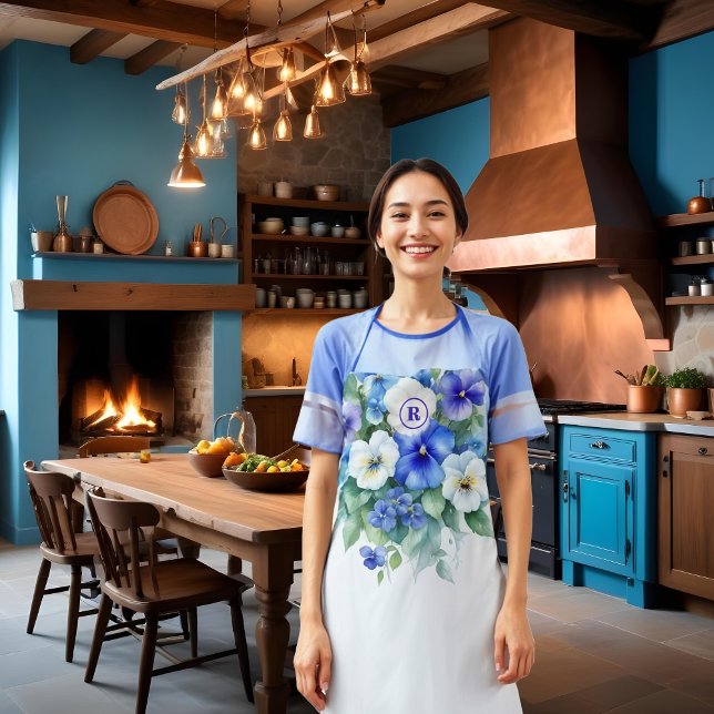 Tablier Chic Blue & Purple Shades Elegant Pansies Floral (Chic Blue & Purple Shades Elegant Pansies Floral Aprons for Personalizing with Initial.)