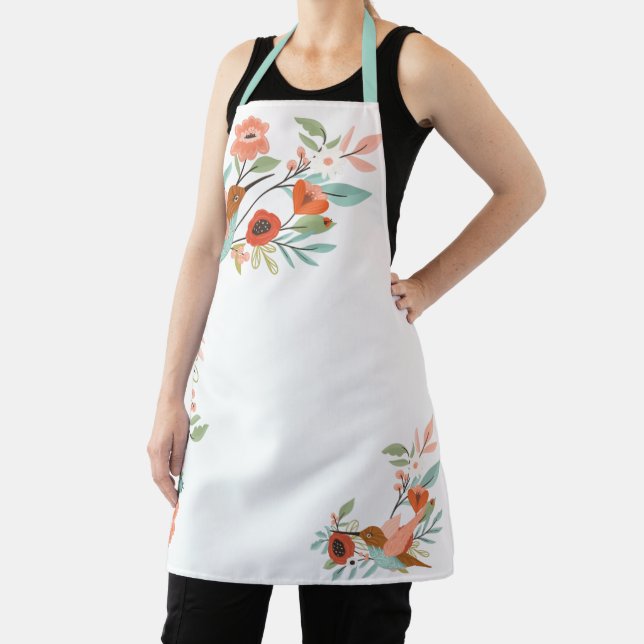 Tablier Chic Floral Girl Hummingbird Design Blanc (Insitu)
