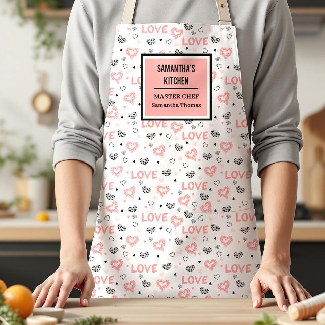 Tablier Chic Love Lettering Pink Black Heart Apron (Pink Black Hearts Cute I Love You Gift Woman Apron)