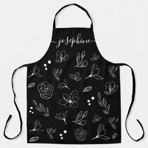 Tablier Chic noir blanc floral minimal personnalisé