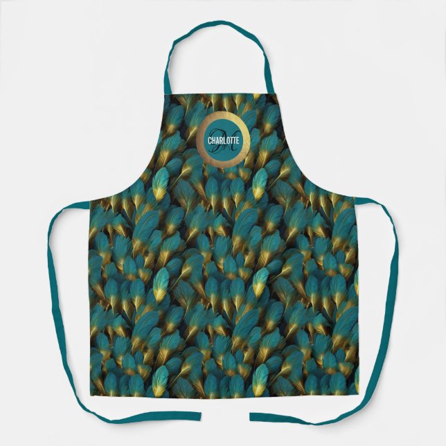 Tablier Chic turquoise or plumes nom monogramme (Recto)