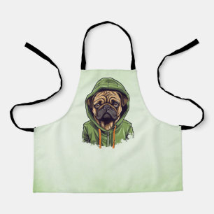 Tablier Chien carlin portant Sweat - shirt à capuche vert
