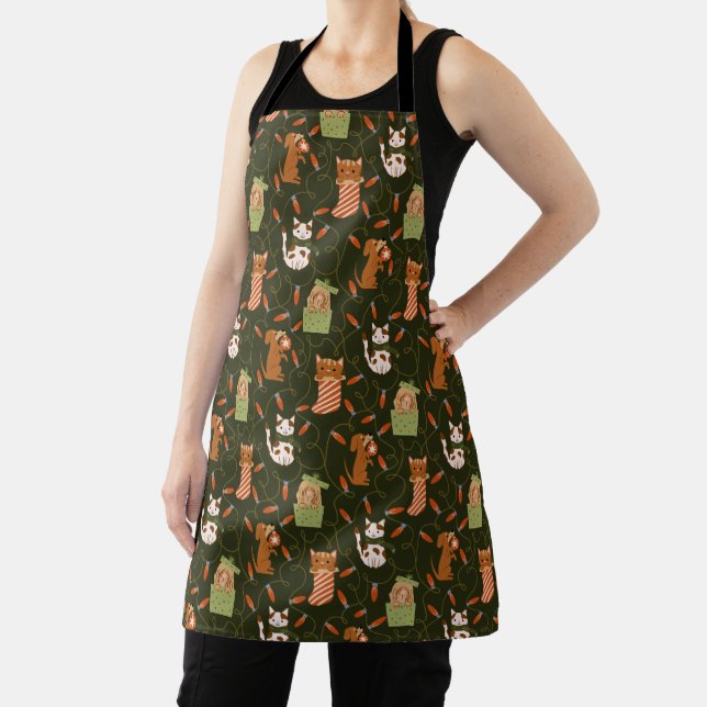 Tablier Chien de chat joyeux feux de Noël Motif vert (Insitu)