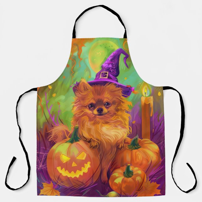 Tablier Chien Poméranien éffrayant Halloween sorcière et C (Recto)