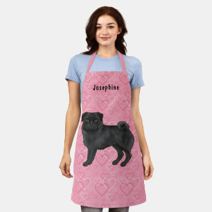 Tablier Chien Pug Noir Mignon et Coeurs Roses Avec Nom