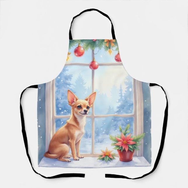 Tablier Chihuahua Snowy Windowsill Holiday Christmas Art (Recto)