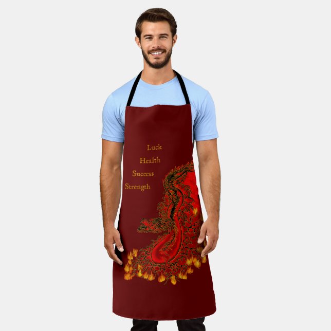 Tablier Chine Dragon rouge et or design (Porté)
