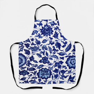 Tablier Chinois bleu marine foncé motif floral sur blanc