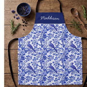 Tablier Chinoiserie bleue à motif floral et oiseau monogra