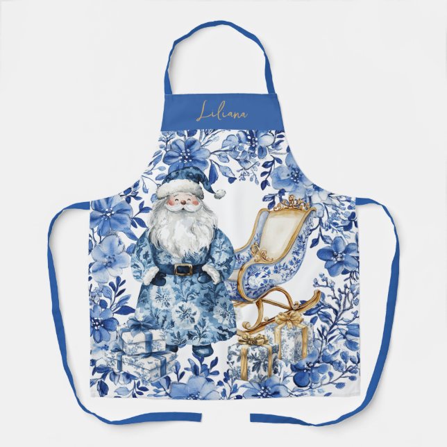 Tablier Chinoiserie Blue White Floral Noël Père Noël (Recto)