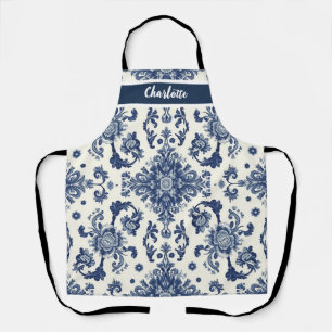 Tablier Chinoiserie Chic Motif Fleur Bleu Marine