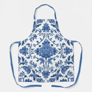 Tablier Chinoiserie florale bleue aquarelle blanche