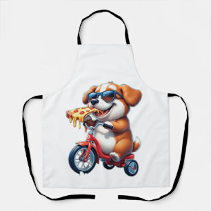 Tablier chiot faisant du vélo en mangeant de la pizza