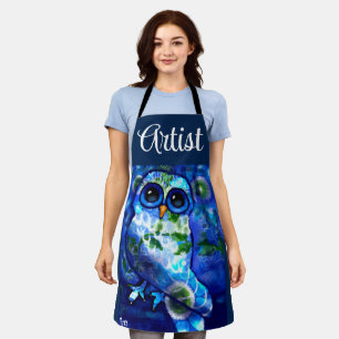 Tablier Chouette Abstraite lunaire bleu vert floral