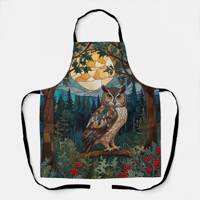 Tablier Chouette boho élégant tache de verre forêt boisée (Recto)