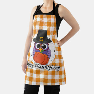 Tablier Chouette pèlerine sur Plaid orange - Bon thanksgi