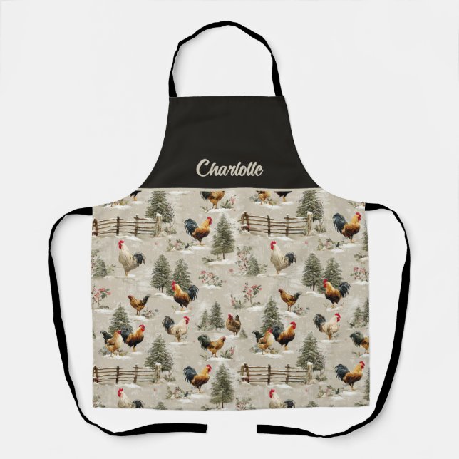 Tablier Christmas Chickens and Roosters Farmyard Winter (Recto)