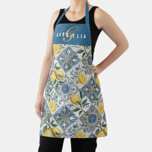 Tablier Citron aquarelle bleu jaune Nom personnalisé