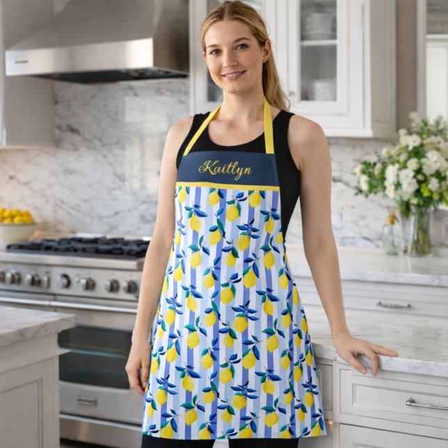 Tablier Citrons charmants à rayures bleues, motif méditerr (Créateur téléchargé)