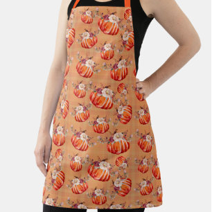 Tablier Citrouille orange automne plaid à fleurs chèque au