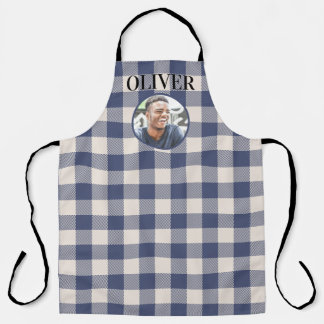 Tablier Classic Blue Gingham Plaid Custom Name & Photo