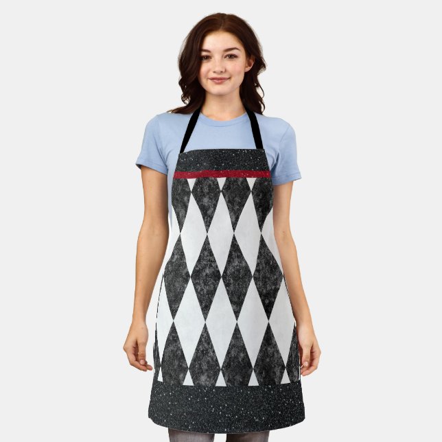 Tablier Classic noir blanc rouge arlequin Jacquard diamant (Porté)