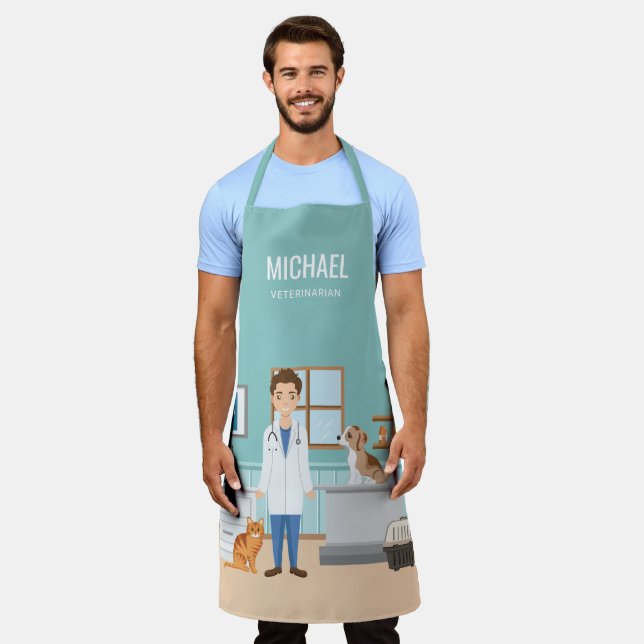 Tablier Clinique Vétérinaire Bleue Avec Chiot Et Chat (Porté)