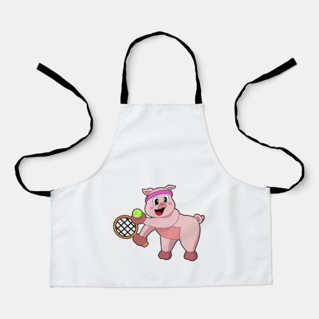Tablier Cochon au tennis avec raquette de tennis (Recto)