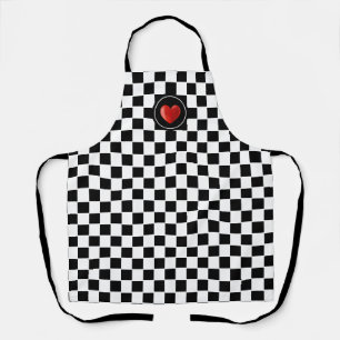 Tablier Cœur rouge sur damier noir et blanc