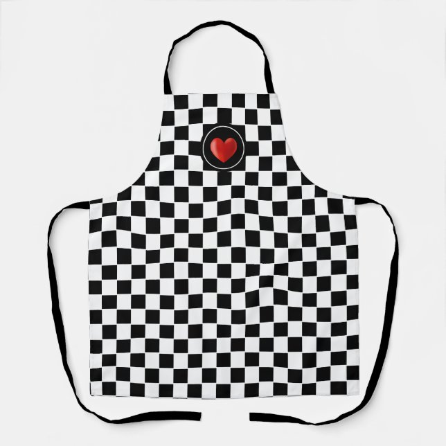 Tablier Coeur rouge sur Motif de tableau blanc noir (Recto)